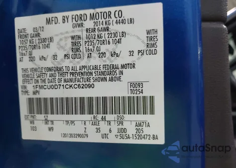 2012 Ford Escape Xlt z USA, uszkodzony, nr VIN 1FMCU0D71CKC62090